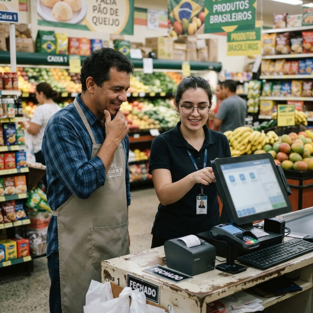 Queeker technician showing the POS to a supermarket owner at the checkout