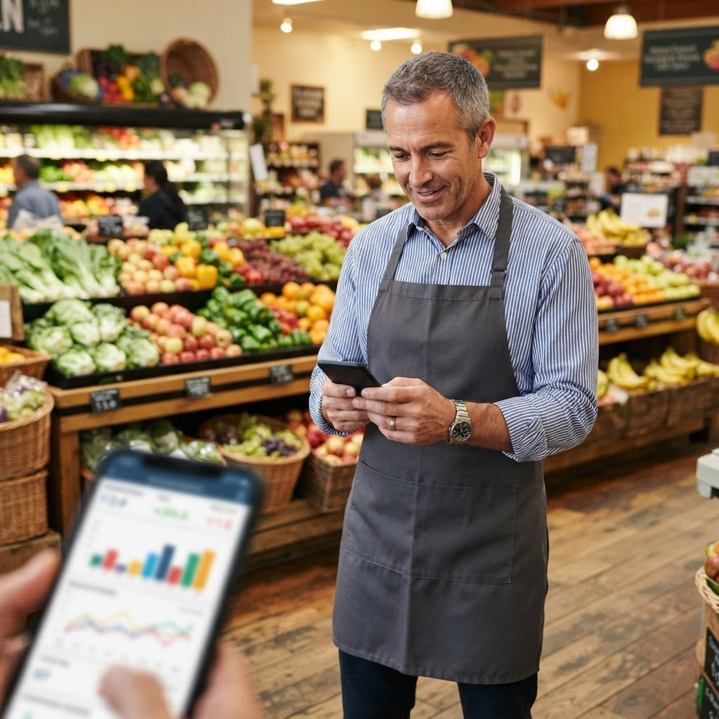 Supermarket owner checking sales on his phone in the produce aisle