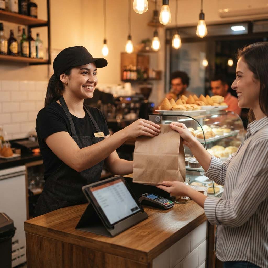 Restaurant worker handing a takeout order to a customer