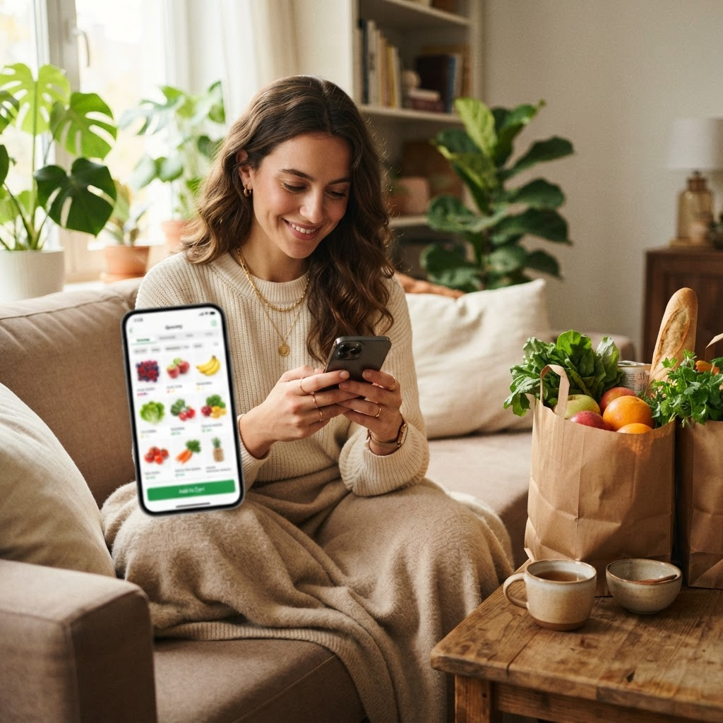 Customer shopping for groceries on a smartphone app at home