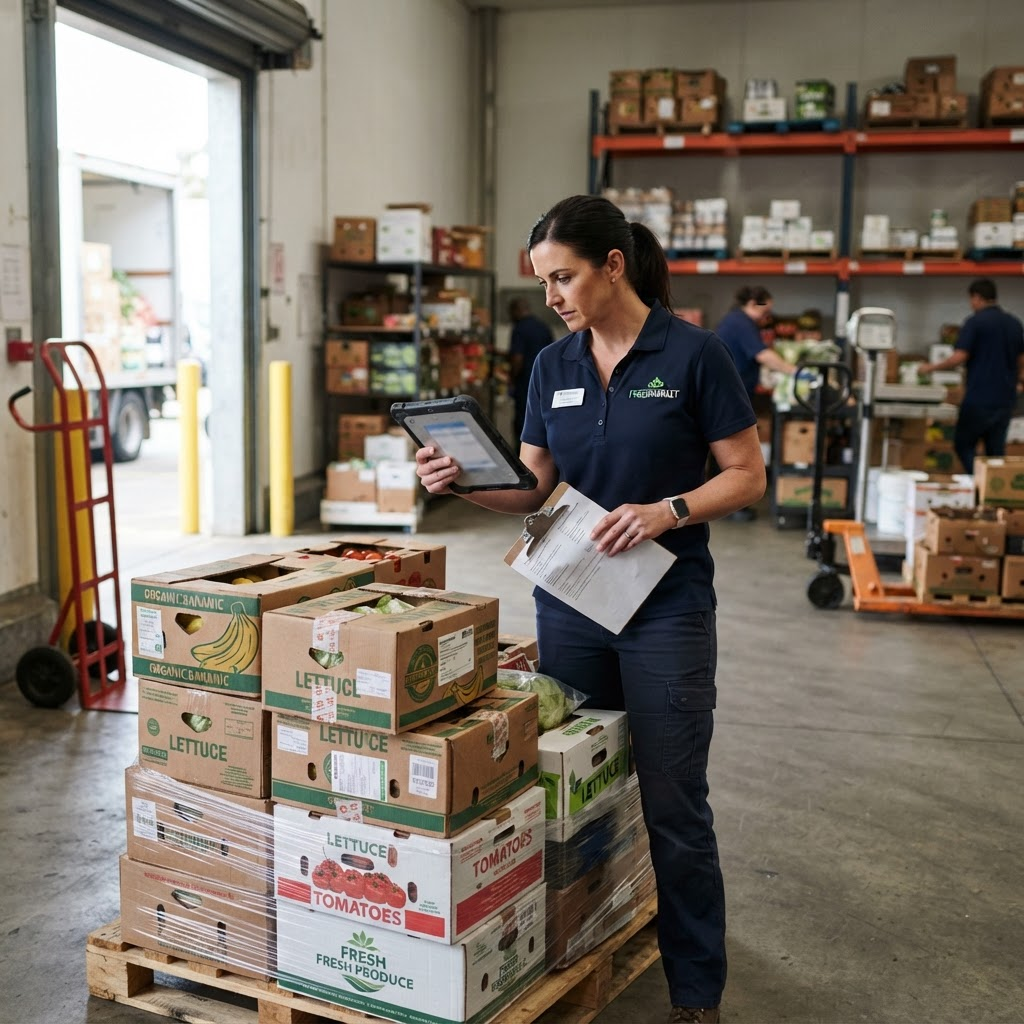 Manager checking a delivery invoice against boxes in the receiving area