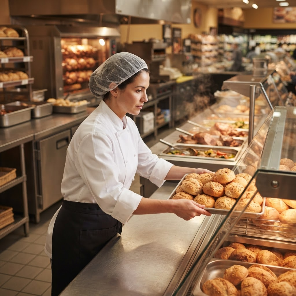 Cook placing fresh bread into a supermarket deli display