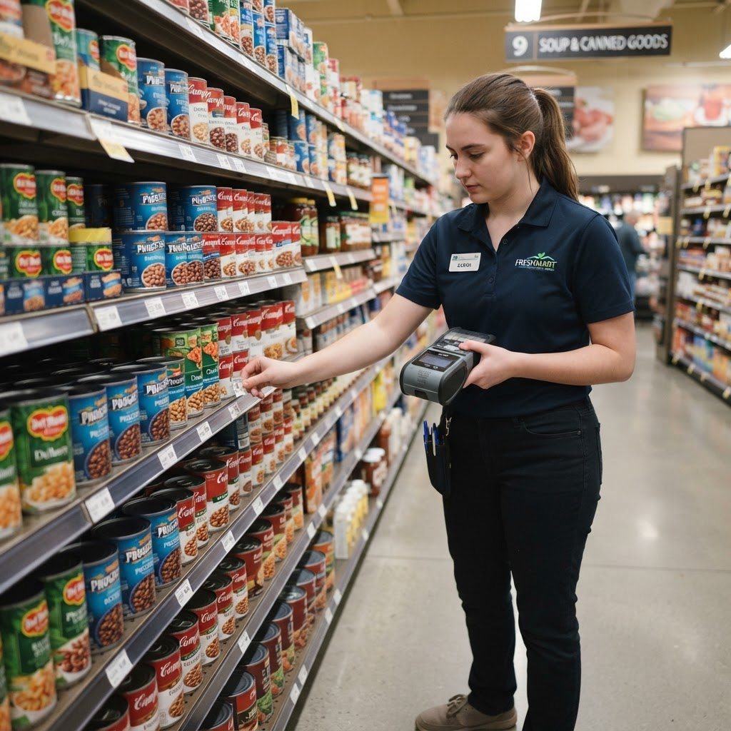 Employee applying a price label to a supermarket shelf