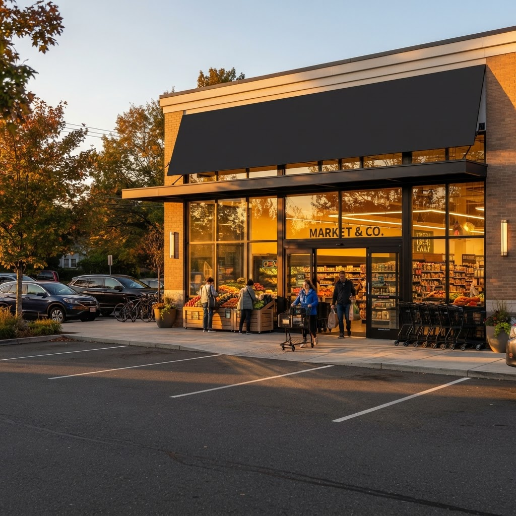 Modern neighborhood supermarket storefront at golden hour