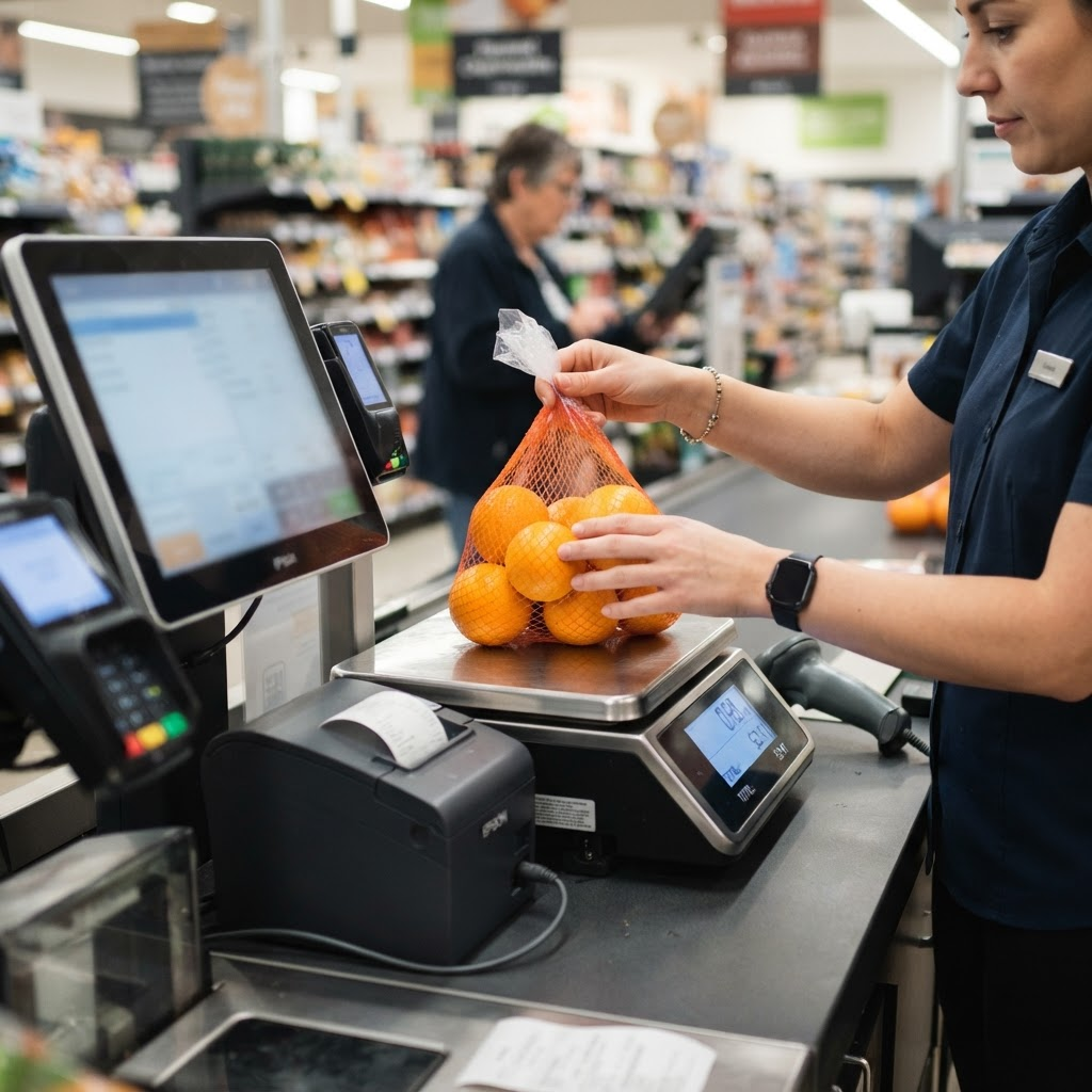 Cashier weighing oranges on a scale next to a POS terminal