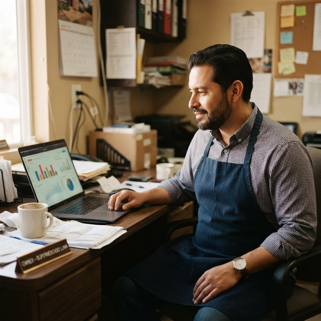Store owner reviewing sales charts on a laptop in the back office