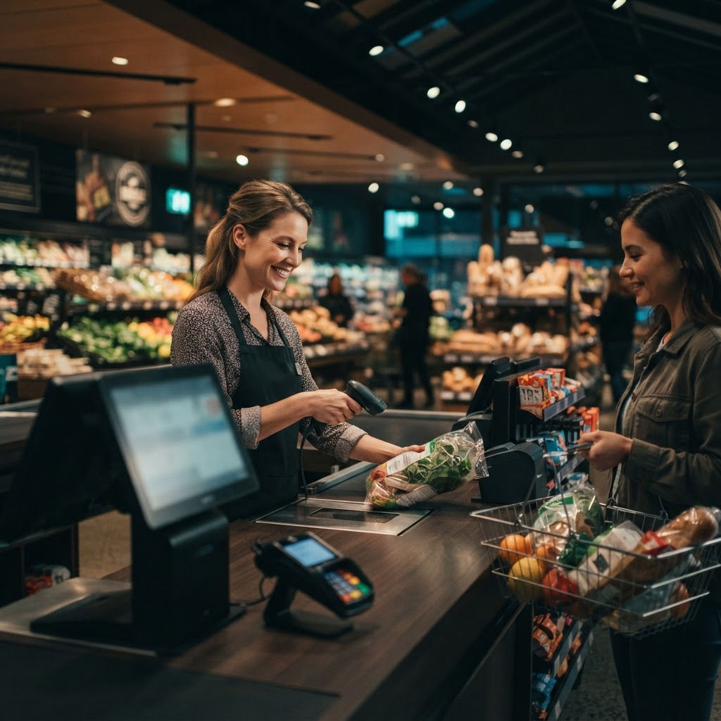 Cashier scanning groceries at a supermarket checkout running Queeker POS